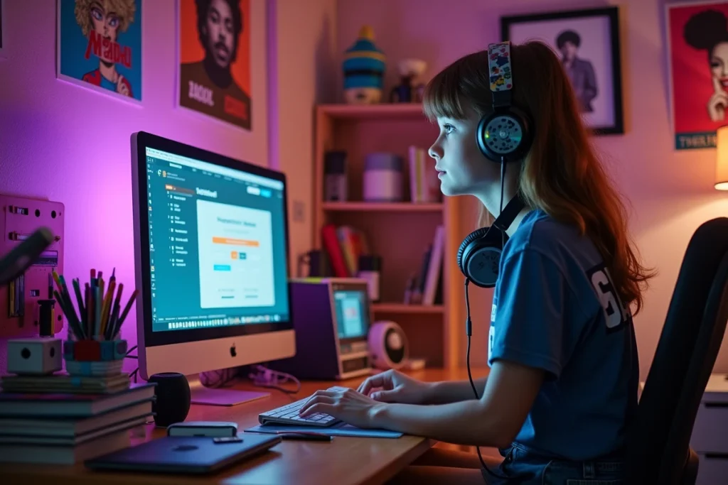 Adolescente convertissant des vidéos YouTube en MP3 sur son ordinateur de bureau dans une chambre décorée de posters musicaux