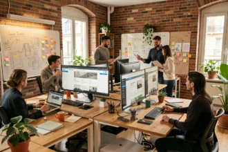 Vue d'ensemble d'une agence web WordPress moderne dans le Puy-de-Dôme avec des équipes au travail sur des projets digitaux