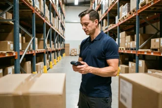 Agent logistique scannant un colis dans un entrepôt professionnel pour assurer la traçabilité