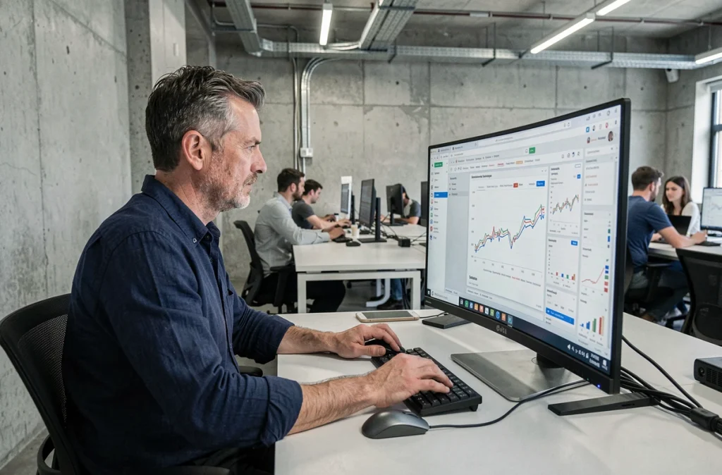 Homme analysant les performances de navigateurs web sur un grand écran dans un espace de coworking
