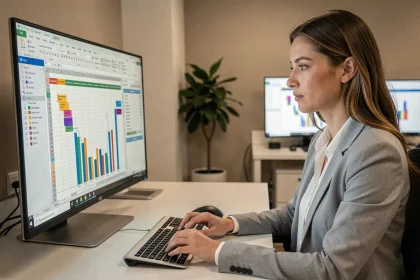 Femme analysant des tableaux croisés dynamiques Excel sur un grand écran dans un bureau moderne