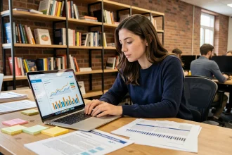 Analyste de contenu web étudiant des données d'intention de recherche sur un ordinateur portable dans un bureau moderne