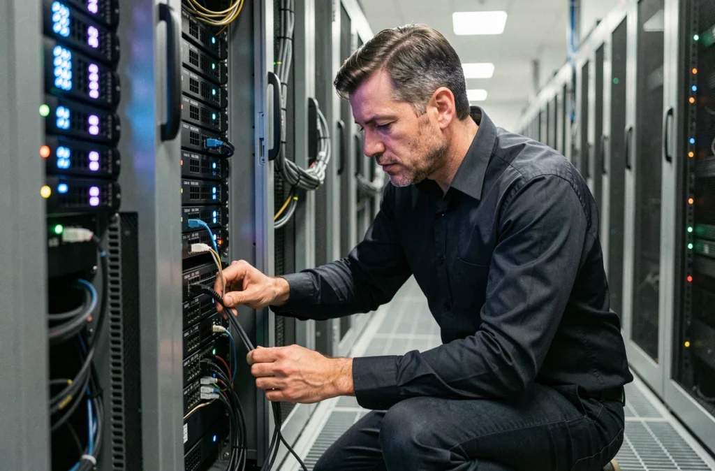 Spécialiste informatique d'APS Solutions Informatiques installant un câble réseau dans une baie de serveurs professionnelle