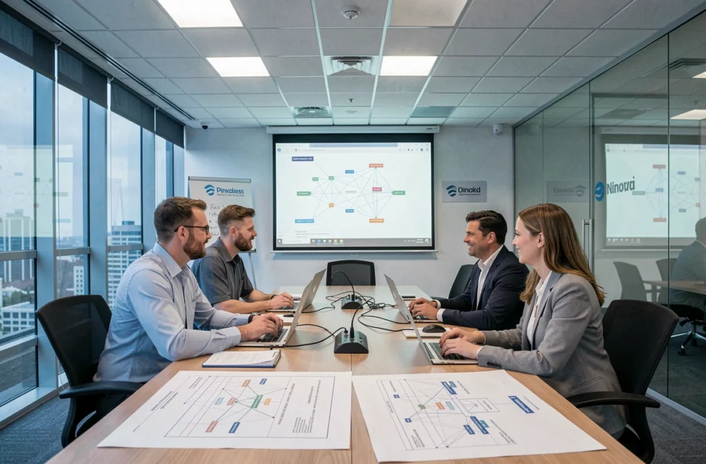 Équipe de professionnels IT de Cheops Technology France réunie autour d'une table de conférence avec des schémas d'infrastructure réseau