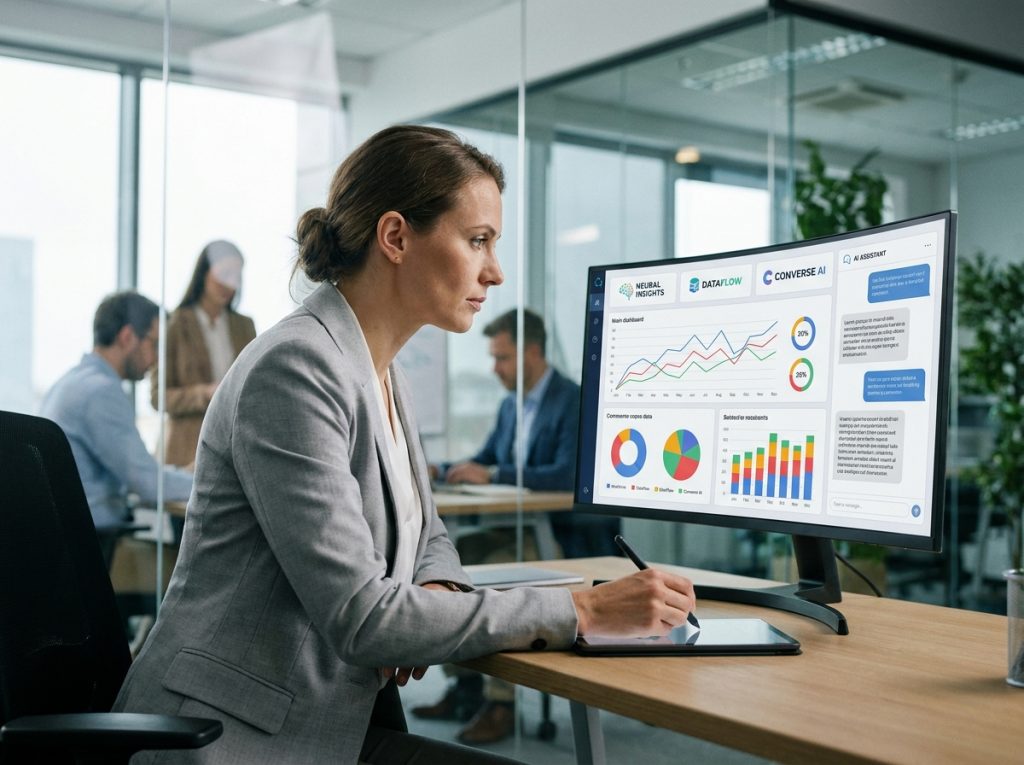 Professionnelle analysant des citations de marque dans des interfaces d'intelligence artificielle générative sur un écran en open space