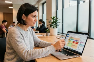 Femme travaillant sur un document partagé Google Docs dans un bureau moderne, pointant des commentaires sur l'écran d'un ordinateur portable