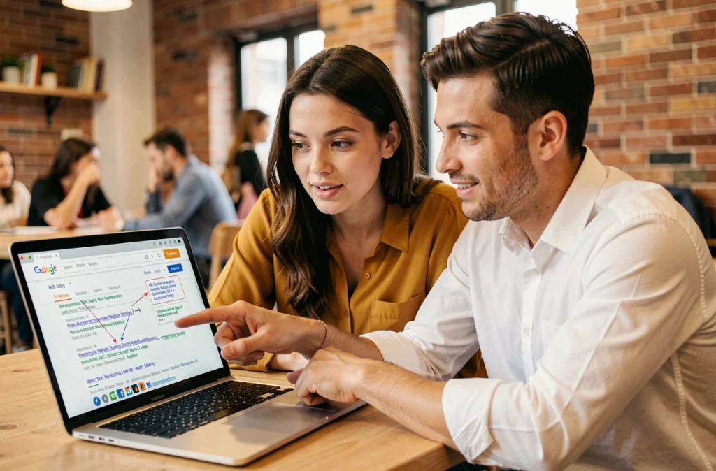 Deux collègues discutant de l'optimisation des balises meta description pour améliorer le taux de clic dans un espace de coworking