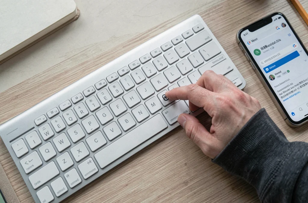 Gros plan sur un clavier QWERTY avec une main appuyant sur la combinaison de touches pour faire un arobase