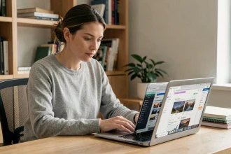 Femme comparant des navigateurs web sur un ordinateur portable dans un bureau à domicile moderne en 2026