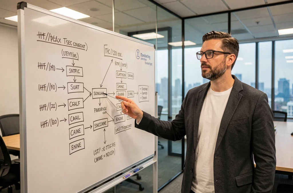 Consultant SEO présentant des schémas de structure d'URL et d'arborescence de site sur un tableau blanc en salle de réunion