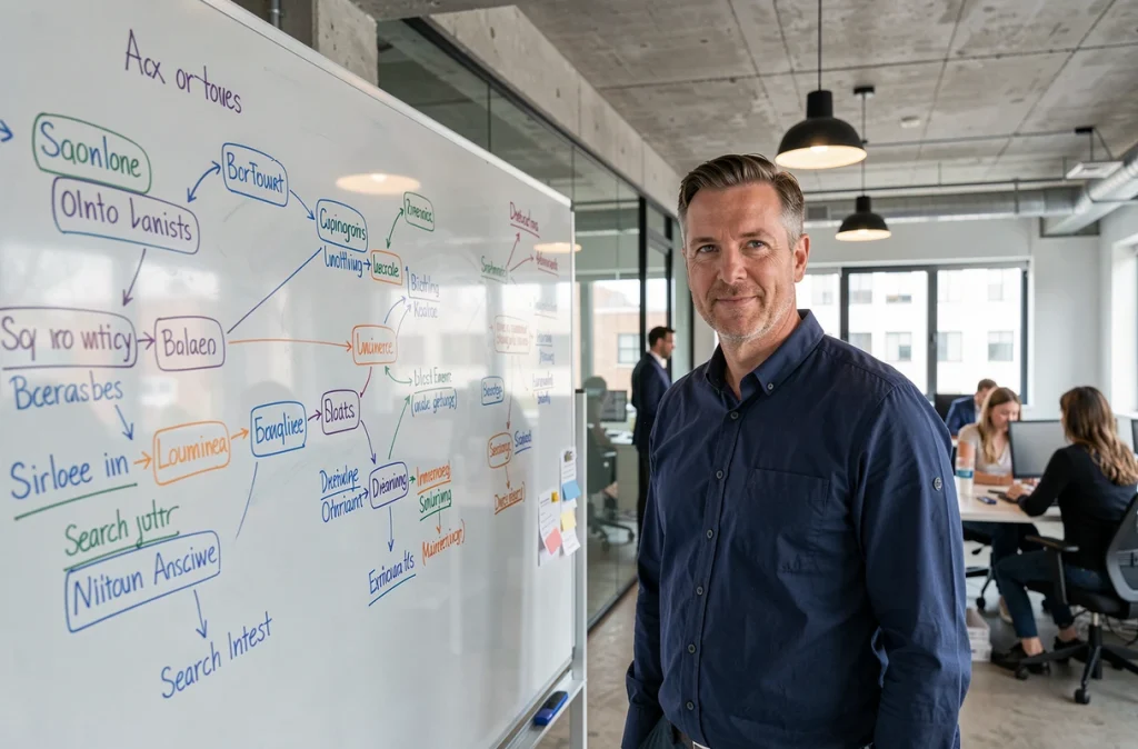 Consultant SEO masculin devant un tableau blanc avec une carte de mots-clés longue traîne dans une agence digitale