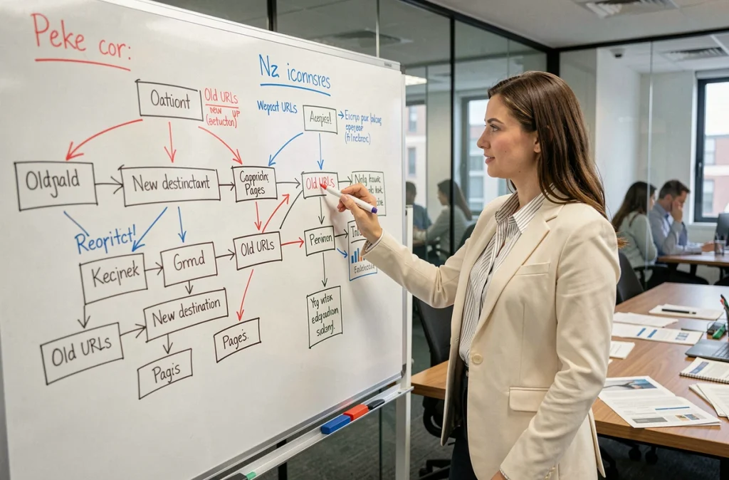 Consultante UX présentant une architecture de redirections de site web sur un tableau blanc en réunion d'agence