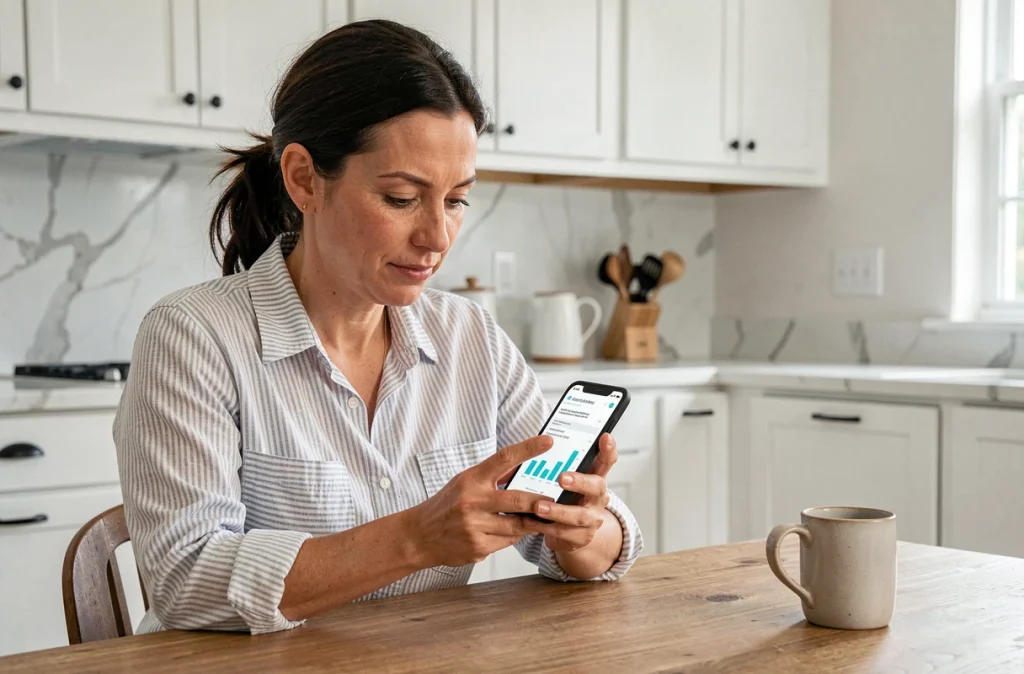 Une femme consulte ses résultats d'analyses médicales Irldr sur son smartphone depuis chez elle