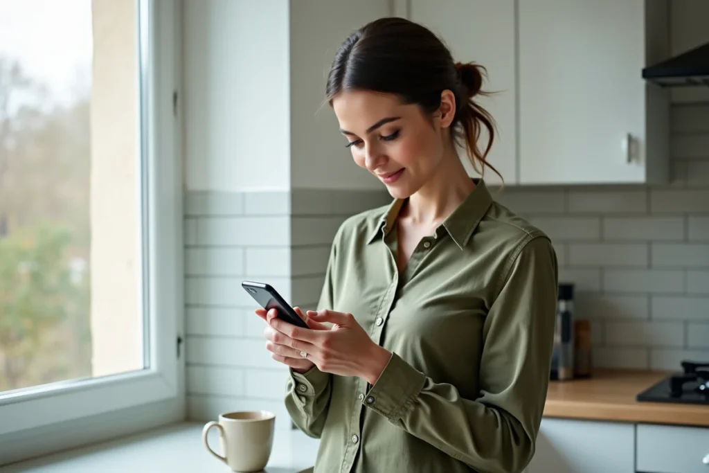 Femme regardant des stories Instagram anonymement sur son téléphone dans une cuisine moderne