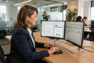 Professionnelle utilisant un logiciel de conversion ODT en Word sur un poste de travail en entreprise