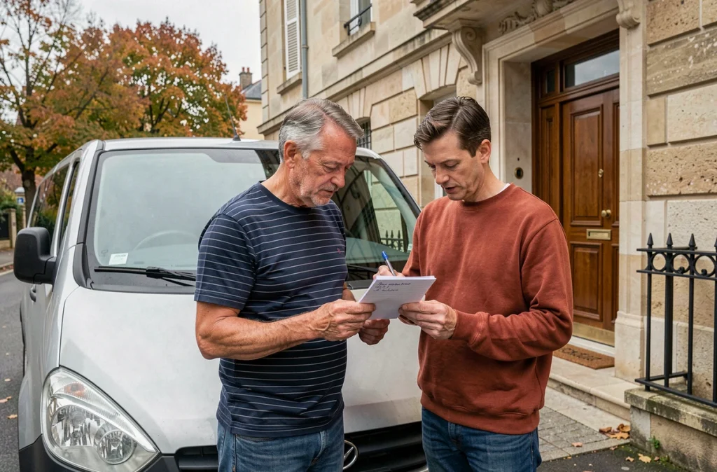 Couple vérifiant une liste de contrôle devant un camion de déménagement garé devant un immeuble résidentiel