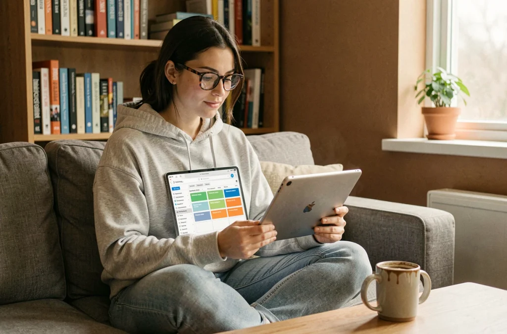 Créatrice de contenu freelance analysant des catégories d'intention de recherche sur une tablette depuis son bureau à domicile