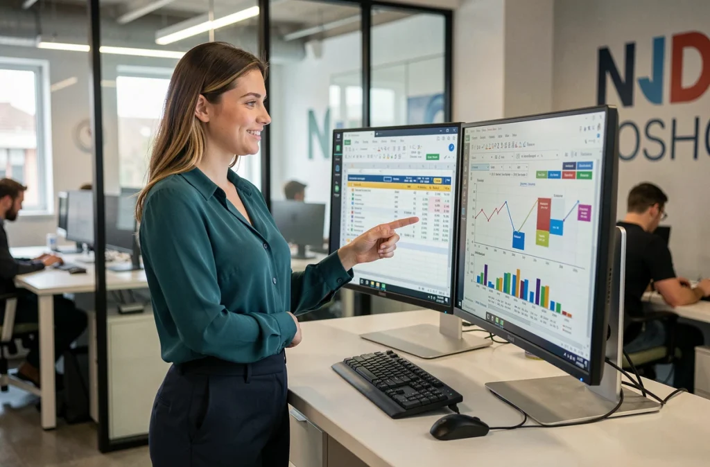 Jeune femme présentant des tableaux de bord Excel dynamiques sur double écran dans un espace de coworking