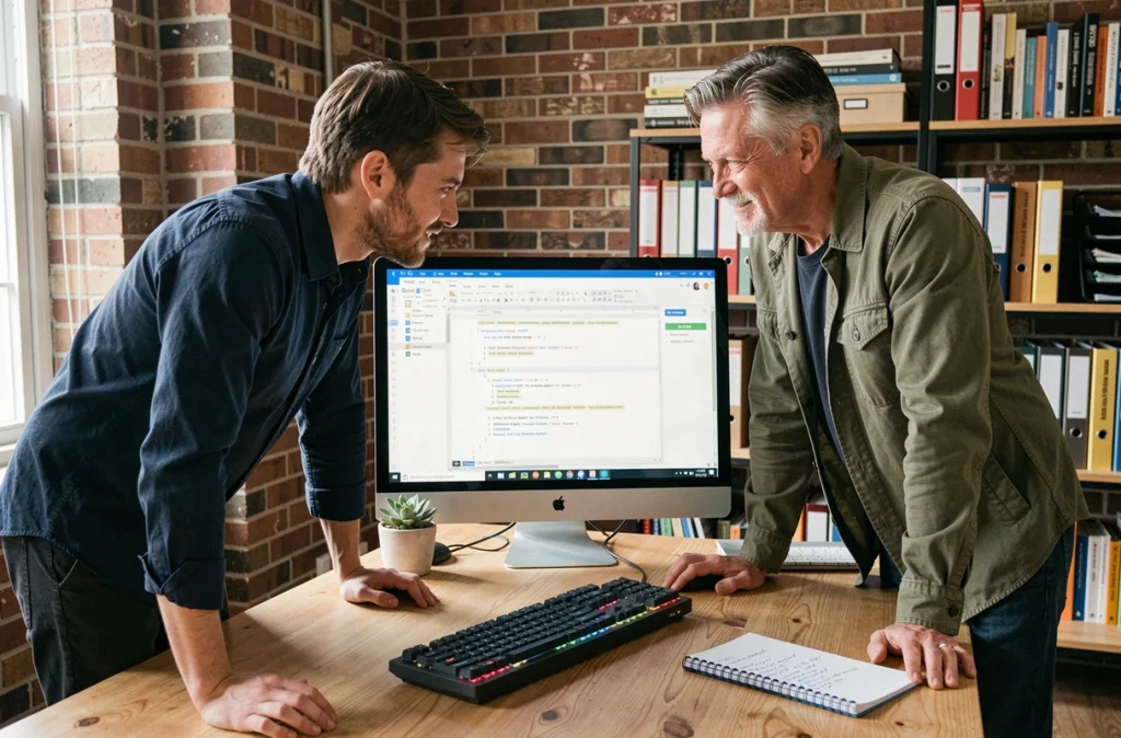 Deux collègues masculins collaborant sur un document Google Docs partagé devant un écran d'ordinateur dans un espace de coworking