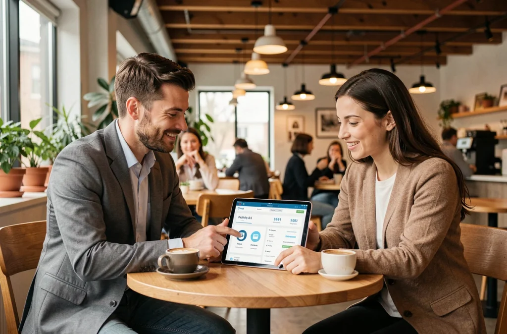 Deux collaborateurs d'une petite entreprise comparant les stratégies de prix de ChatGPT 5 sur une tablette