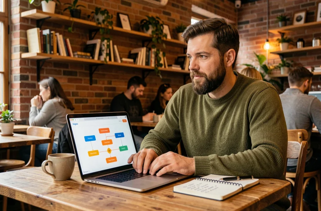 Un développeur web travaille sur le maillage interne de son site depuis un café chaleureux