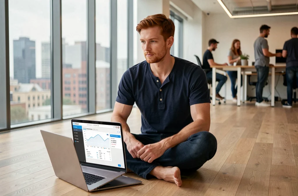 Développeur web optimisant des images pour améliorer le référencement naturel depuis un espace de coworking avec vue urbaine