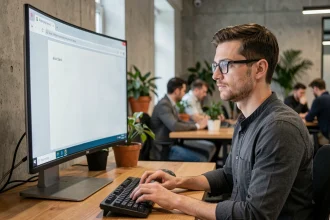 Développeur informatique analysant une page about:blank sur son navigateur dans un bureau moderne