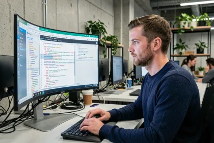 Développeur web analysant des redirections 301 sur un écran d'ordinateur dans un bureau moderne