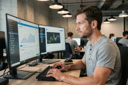 Développeur web analysant les performances de chargement d'un site sur deux écrans dans un bureau moderne