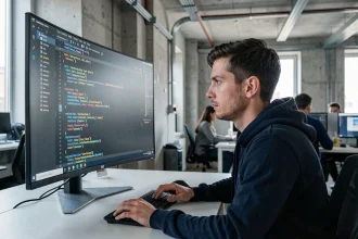 Développeur web analysant la structure des URL dans un éditeur de code sur un écran ultrawide dans un bureau moderne
