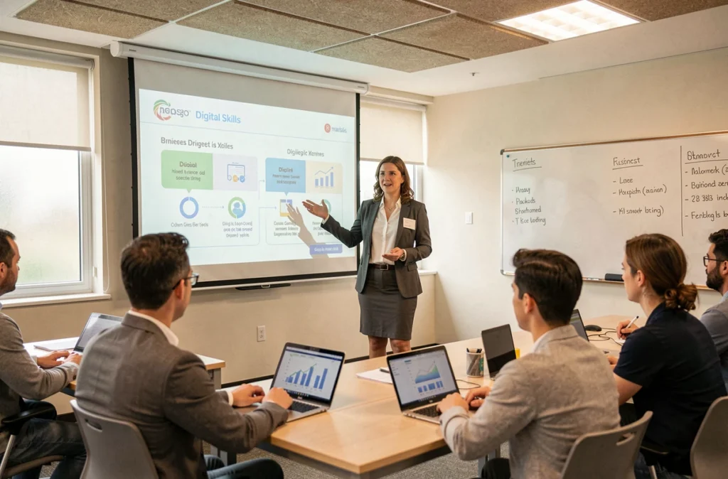 Formatrice de Devforma animant une session de formation numérique devant un groupe d'adultes avec laptops dans une salle de formation moderne