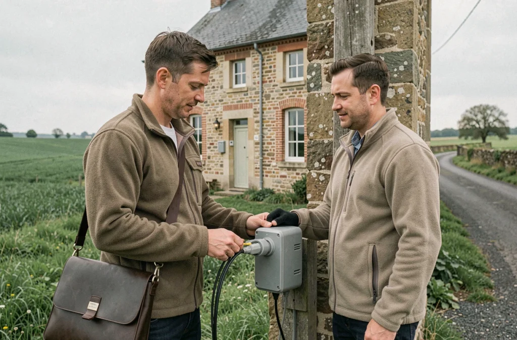 Technicien informatique de Digital Rural Informatique raccordant un câble fibre optique sur une ferme rurale dans la campagne de la Somme