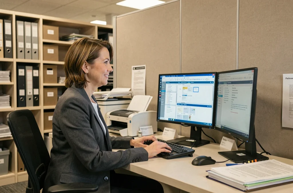 Spécialiste en gestion documentaire de Docaposte à son poste de travail avec des logiciels de gestion numérique sur double écran