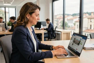 Une employée municipale utilisant le portail Connect Ville de Marseille sur son ordinateur portable pour effectuer une demande de congés depuis son bureau