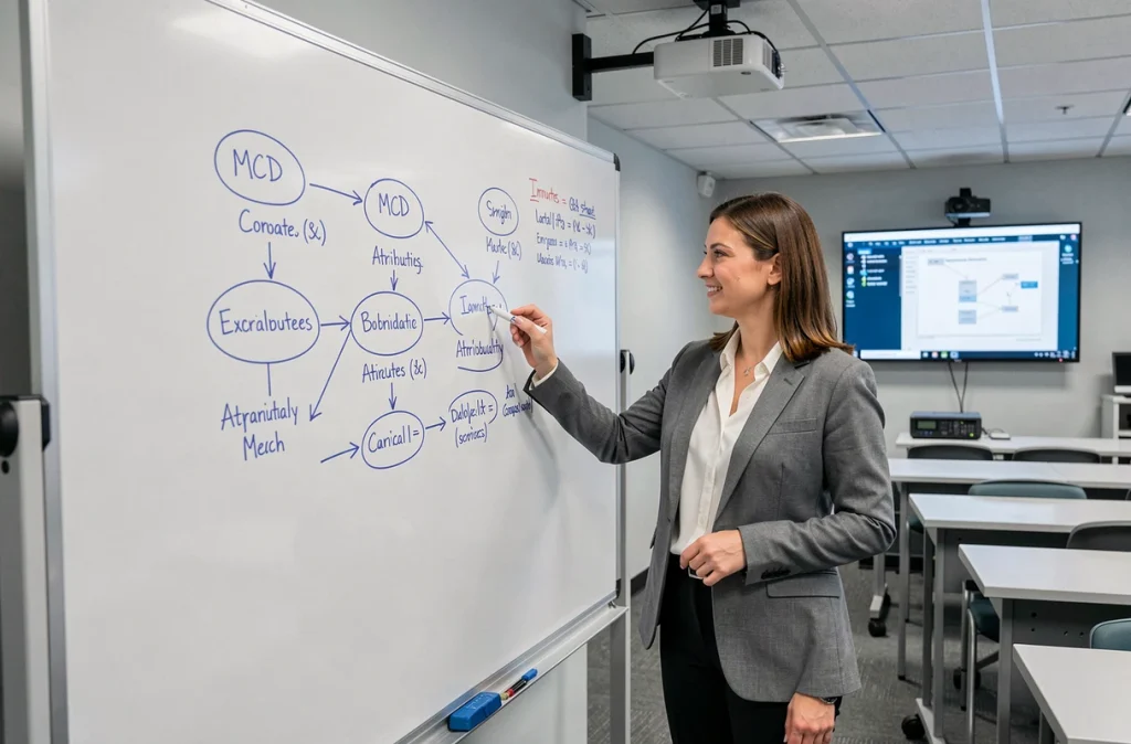 Enseignante en informatique expliquant un diagramme MCD au tableau blanc devant une classe universitaire