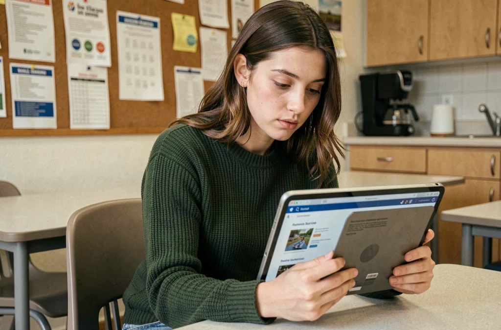 Jeune enseignante consultant les services numériques IProf et Arena sur une tablette dans la salle des professeurs