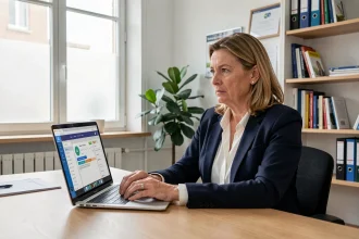 Enseignante consultant le portail numérique DSDEN 33 sur son ordinateur portable dans un bureau administratif scolaire