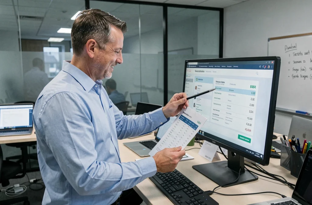 Entrepreneur analysant le coût d'abonnement ChatGPT 5 dans un espace de coworking pour petite entreprise