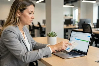 Femme utilisant SwissTransfer pour envoyer des fichiers volumineux depuis son bureau professionnel