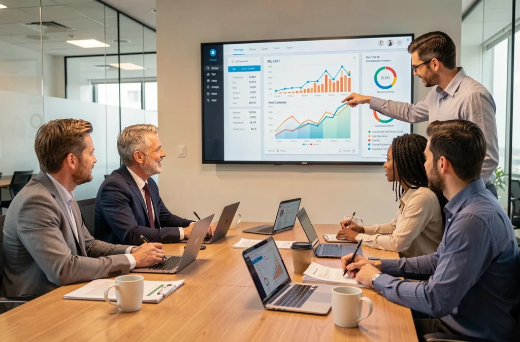 Équipe de direction de PME en réunion autour d'un tableau de bord BI projeté montrant les performances financières