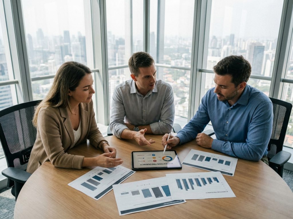 Équipe marketing analysant un tableau de bord de citations de marque dans les IA génératives lors d'une réunion stratégique
