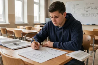 Étudiant en informatique annotant un diagramme MCD sur des feuilles imprimées dans une salle de cours universitaire