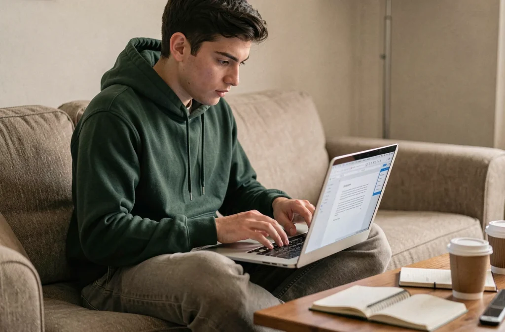 Étudiant apprenant les raccourcis clavier de Word sur son canapé avec un ordinateur portable
