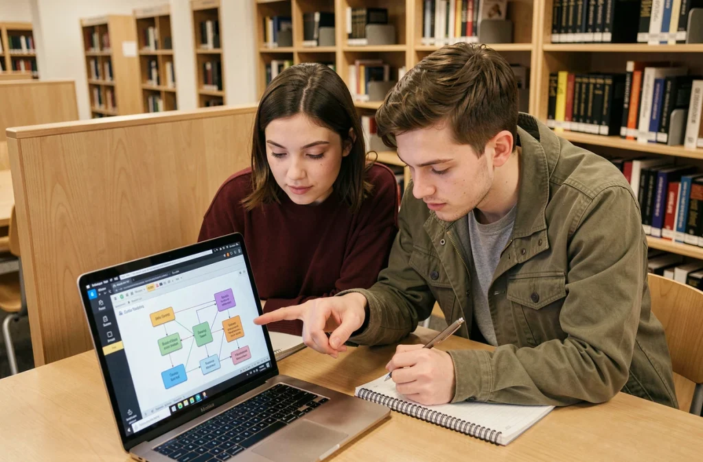 Deux étudiants en informatique travaillant ensemble sur un logiciel de modélisation MCD dans une bibliothèque universitaire