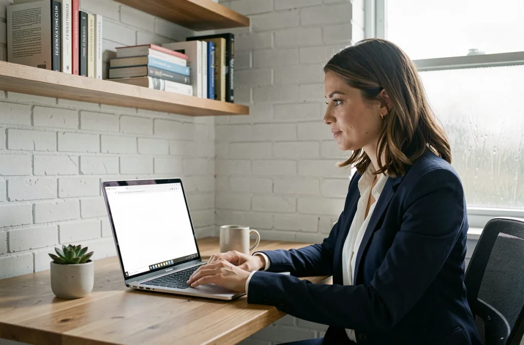 Femme professionnelle travaillant sur un navigateur avec un onglet about:blank dans un bureau minimaliste