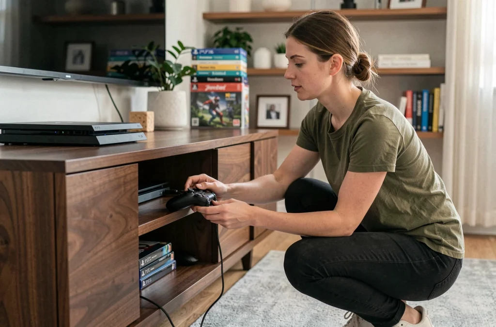 Femme branchant un câble de charge sur une manette PS4 posée près de la console dans un salon moderne
