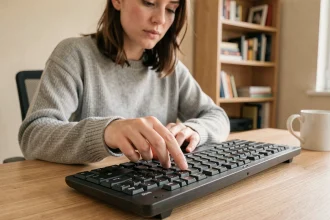 Femme tapant sur un clavier AZERTY français pour trouver le raccourci de l'antislash