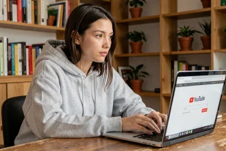 Jeune femme utilisant un convertisseur YouTube en MP3 sur son ordinateur portable dans un bureau à domicile