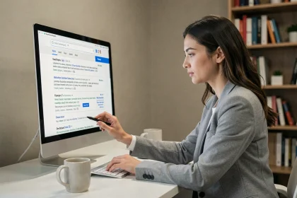 Femme professionnelle modifiant des balises meta description sur un écran d'ordinateur affichant des résultats de moteur de recherche