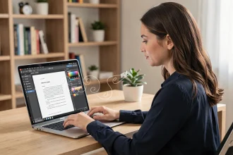 Femme professionnelle insérant un filigrane personnalisé dans un fichier PDF sur son ordinateur portable dans un bureau moderne
